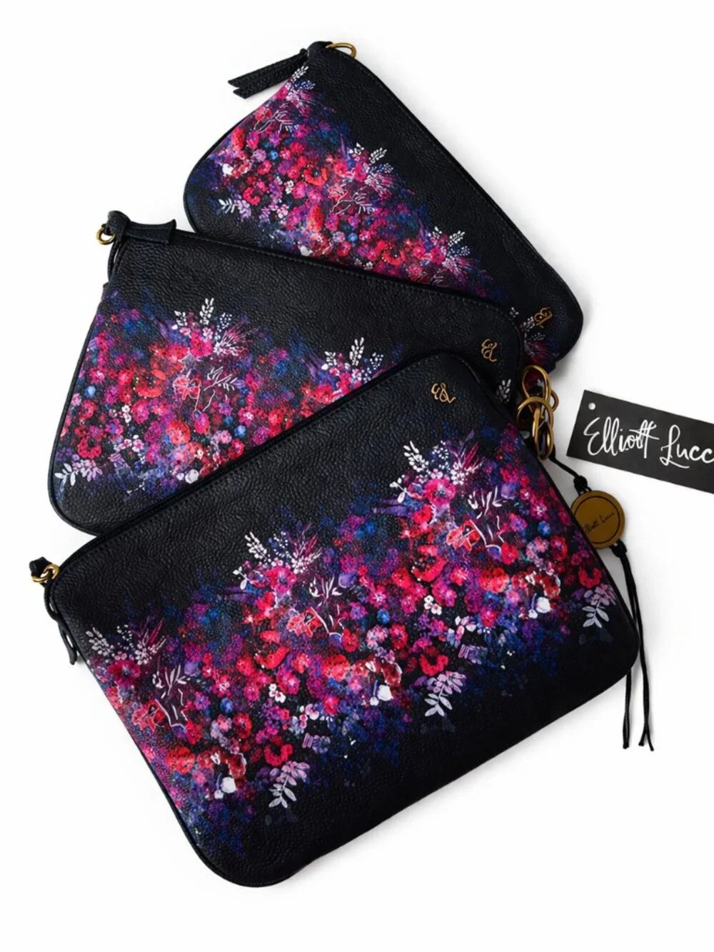 Elliott Lucca Set of 3 Artisan Floral Bouquet Indigo Blue Cosmetic Bags NEW